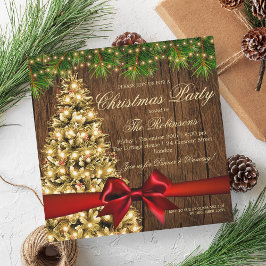 Rustic jul Party | Julafton Träd & Red Ribbon Inbjudningar