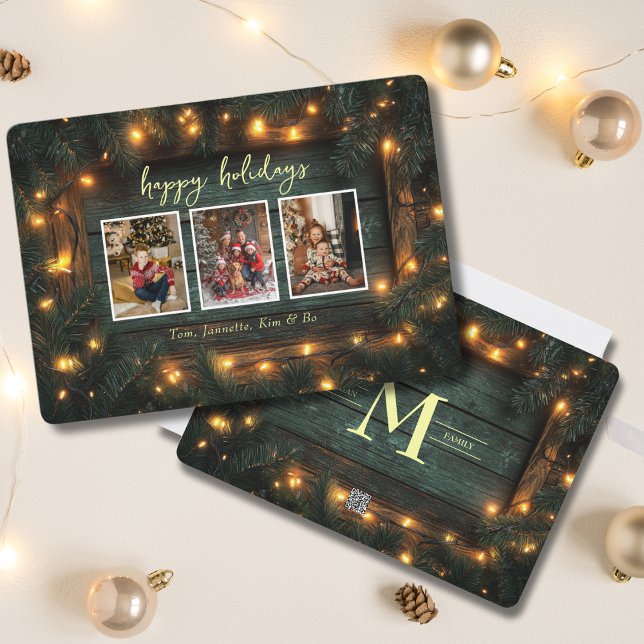 Rustic jul Photo Collage Gräs Garland Ljus Julkort (Skapare uppladdad)