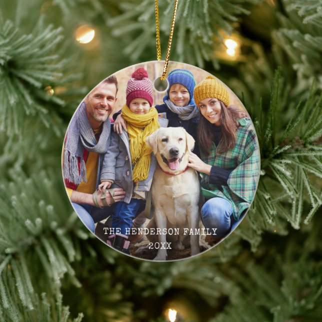 Rustic jul Photo Red Snöflingor Tillbaka Julgransprydnad Keramik (Träd)