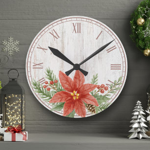 Rustic jul Poinsettia Botanical Rund Klocka