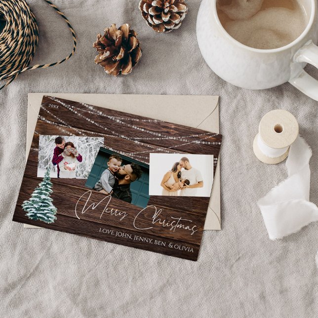 Rustic Julgran 3 Photo & Ljus, Wood Card Inbjudningar (Skapare uppladdad)