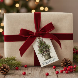 Rustic Julgran Basket "Wrapped in Joy" Presentetikett