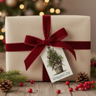 Rustic Julgran Basket "Wrapped in Joy" Presentetikett