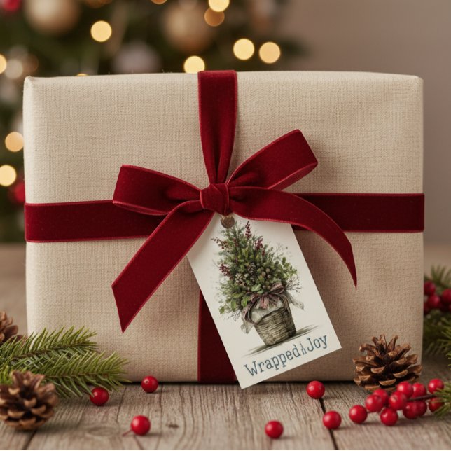 Rustic Julgran Basket "Wrapped in Joy" Presentetikett (Skapare uppladdad)