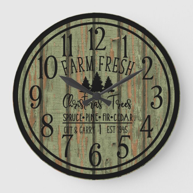 Rustic Julgran Farm Round Wood Wall Clock Stor Klocka (Framsida)