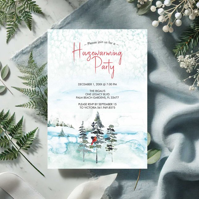 Rustic Julgranar Houseuppvärmning Party bjudati Julkort (Housewarming party invitations rustic winter watercolor scene by Victoria Grigaliunas)