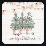 Rustic Julgranar Wood String Ljus Fyrkantigt Klistermärke<br><div class="desc">Ett rustiskt julkort med vattenfärgad jul gräs träd färsk från träd-gården,  sträng ljus på träbakgrund,  med fallande snö. Din familj namn på en lätt träbakgrund. Söt skripttyp God jul. Du kan använda helgdag på kortet eller skrivan själv.</div>