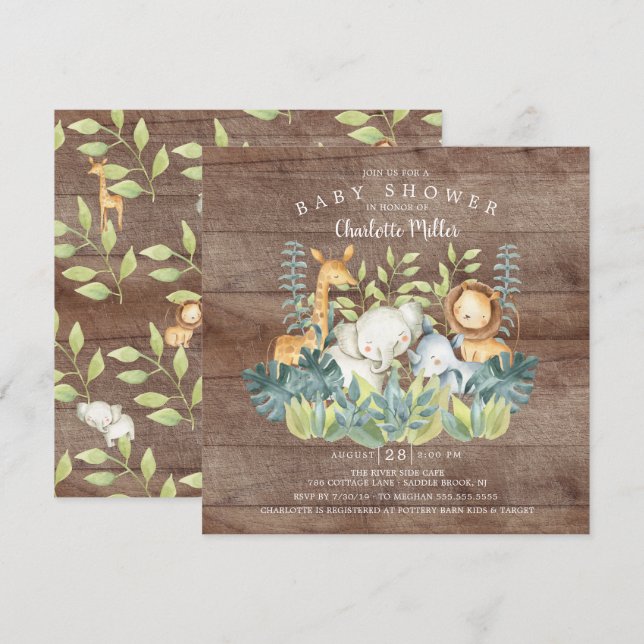Rustic Jungle Animals Baby Shower Inbjudningar (Fram/baksida)