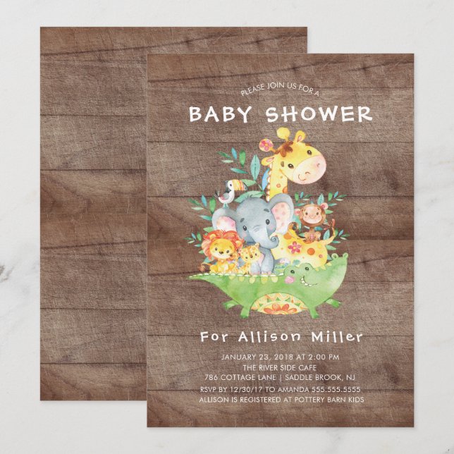 Rustic Jungle Animals Baby Shower-inbjudningar Inbjudningar (Fram/baksida)