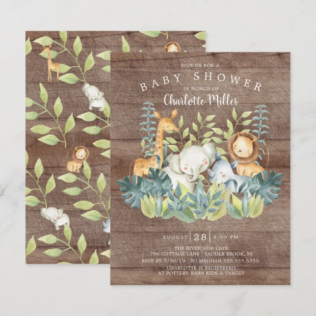 Rustic Jungle Animals Neutralt Baby Shower Inbjudningar (Fram/baksida)