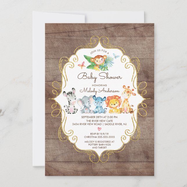 Rustic Jungle Animals Neutralt Baby Shower Inbjudningar (Framsida)