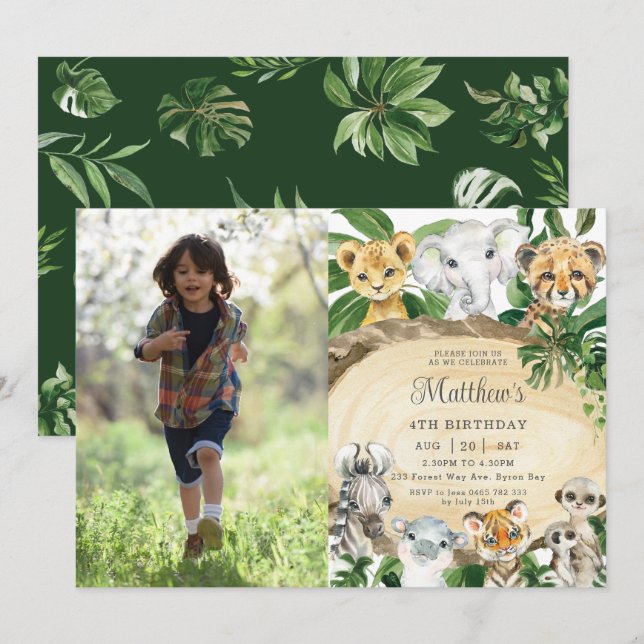 Rustic Jungle Animals Wood Greenery Birthday Photo Inbjudningar (Fram/baksida)