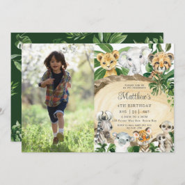 Rustic Jungle Animals Wood Greenery Birthday Photo Inbjudningar