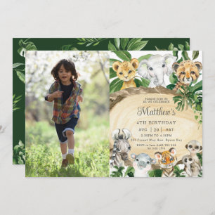 Rustic Jungle Animals Wood Greenery Birthday Photo Inbjudningar