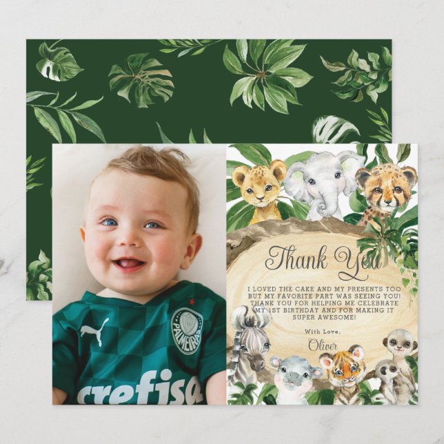 Rustic Jungle Animals Wood Greenery Birthday Photo Tack Kort (Fram/baksida)