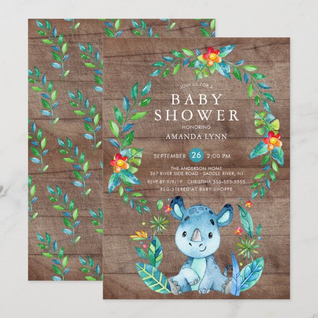 Rustic Jungle Blue Rhinoceros Boy Shower Inbjudningar (Fram/baksida)