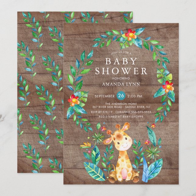 Rustic Jungle Giraffe Boy Shower Inbjudningar (Fram/baksida)