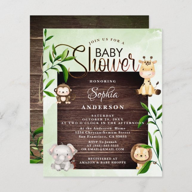 Rustic Jungle Safari Animals Greenery baby Shower (Fram/baksida)