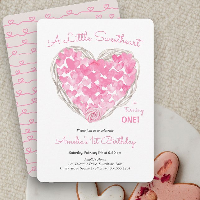 Rustic Kärlek Heart Little Baby Girls Birthday Inbjudningar (Little Sweetheart Rustic Pink Heart Birthday Invitation)