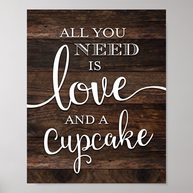 Rustic KÄRLEK OCH ETT CUPCAKE-TECKEN Skriv ut Poster (Framsidan)