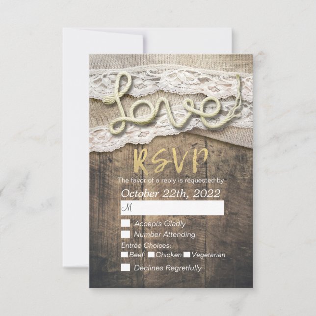 Rustic Kärlek Rope Burlap Snöre Bröllop OSA Svara Kort (Framsida)