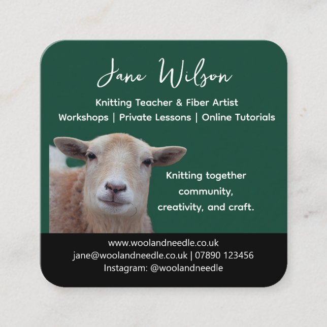 Rustic Knitting Teacher Business Card | Wool Yarn  Fyrkantigt Visitkort (Framsida)