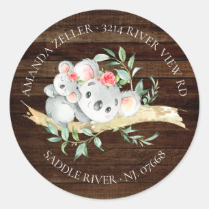 Rustic Koala Bear Baby Shower Retur adressetikett Runt Klistermärke