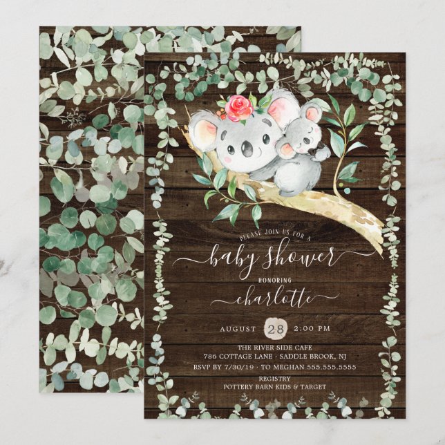 Rustic Koala Bear Boys Baby Shower-inbjudan Inbjudningar (Fram/baksida)