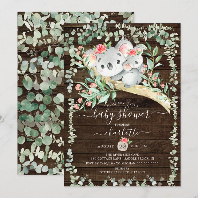 Rustic Koala Bear Girls Baby Shower-inbjudan Inbjudningar (Fram/baksida)
