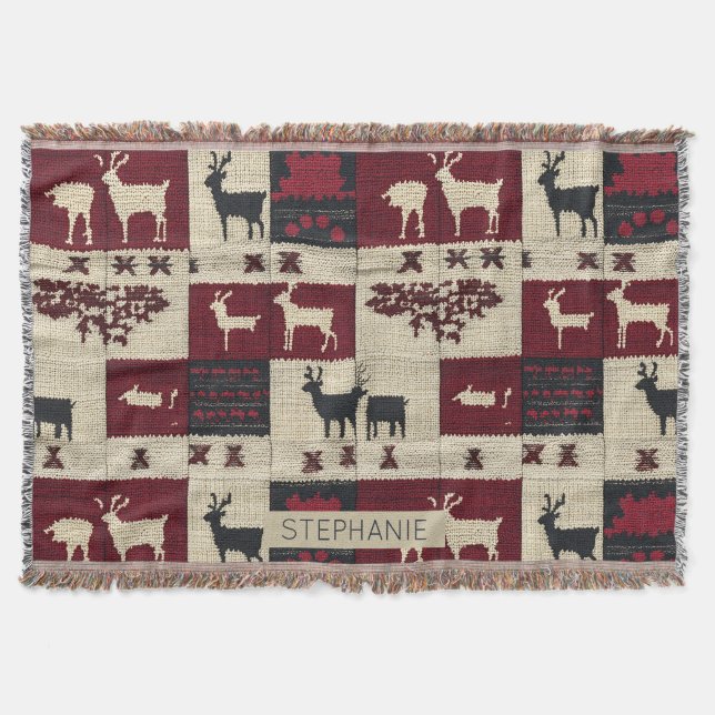 Rustic Kor-Stitch Patchwork | Folk Helgdag Motif Filt (Framsidan)