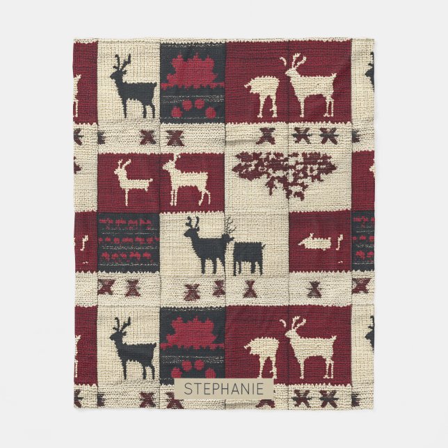 Rustic Kor-Stitch Patchwork | Folk Helgdag Motif Fleecefilt (Framsidan)