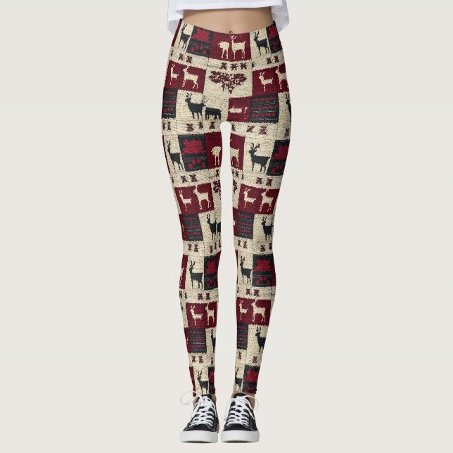Rustic Kor-Stitch Patchwork | Folk Helgdag Motif Leggings (Framsida)