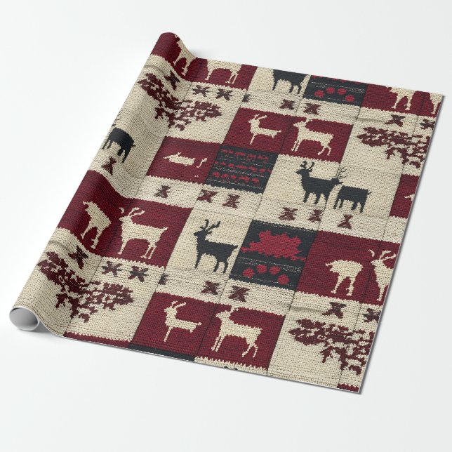 Rustic Kor-Stitch Patchwork | Folk Helgdag Motif Presentpapper (Utrullad)