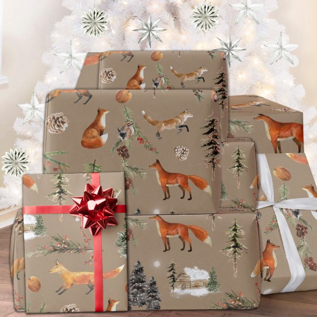 Rustic Kraft Allt Forest Woodland Red Foxes Presentpapper (Rustic Kraft Everything Forest Woodland Red Foxes Christmas Holiday Wrapping Paper Rolls)