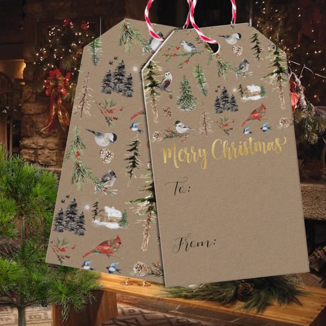 Rustic Kraft Allt Woodland Winter Birds Presentetikett (Rustic Kraft Everything Woodland Winter Birds Gift Tags)
