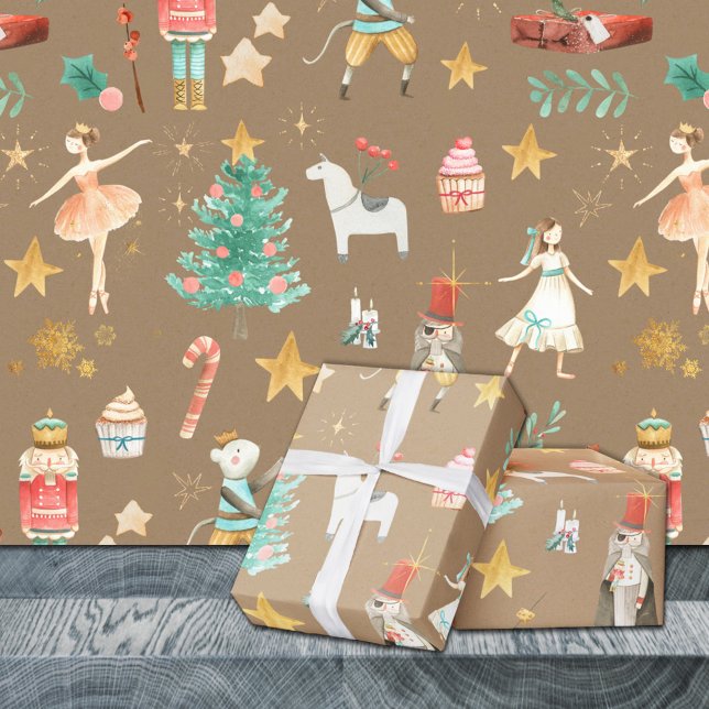 Rustic Kraft Allting Nutcracker Jul Presentpapper (Rustic Kraft Everything Nutcracker Christmas Holiday Gift Wrapping Paper Rolls)