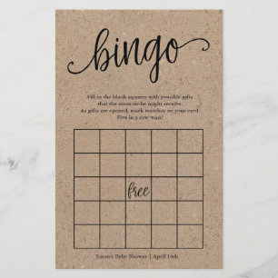 Rustic Kraft Baby Shower Bingo, Pappert spelkort Flygblad