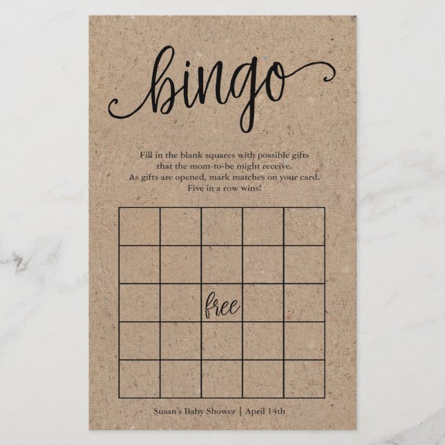 Rustic Kraft Baby Shower Bingo, Pappert spelkort Flygblad (Framsidan)