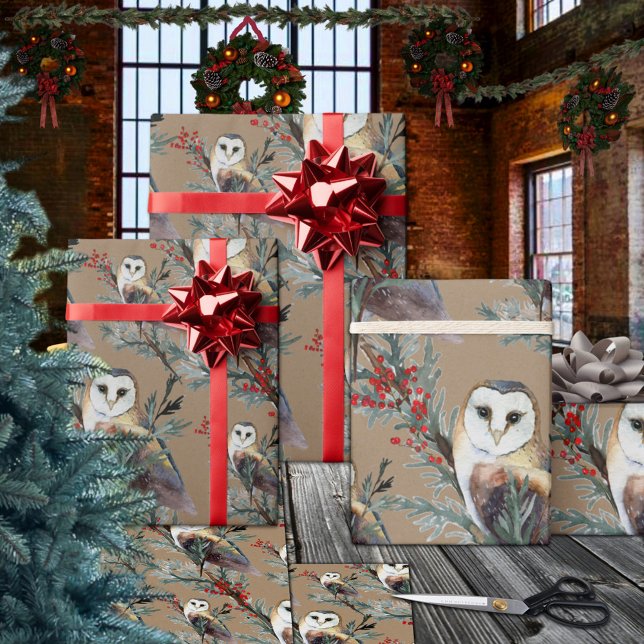 Rustic Kraft Barn Uggla i ett Juniper Träd Woodlan Presentpapper (Rustic Kraft Barn Owls In A Juniper Tree Woodland Christmas Holiday Gift Wrapping Paper Rolls)