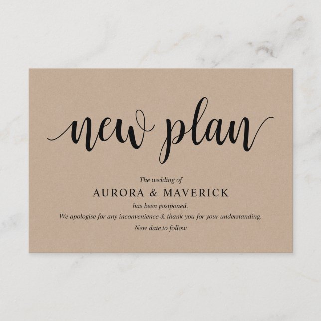 Rustic Kraft, Black, Bröllop-postpone, redigerbar Tilläggskort (Framsida)