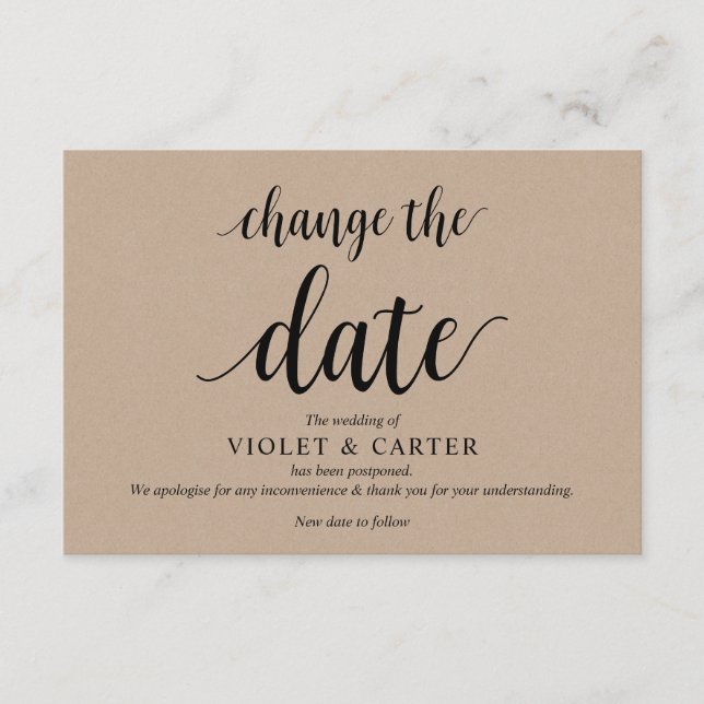 Rustic Kraft, Black, Bröllop-postpone, redigerbar Tilläggskort (Framsida)