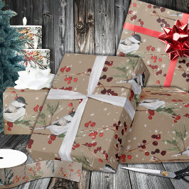 Rustic Kraft Black Cap Chickadee Birds & Berries Presentpapper