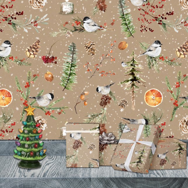 Rustic Kraft Black Cap Chickadee jul Party Presentpapper (Rustic Kraft Black Cap Chickadee Christmas Party Holiday Wrapping Paper Rolls)