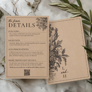 Rustic Kraft Black Vintage Floral Wedding Details Tilläggskort