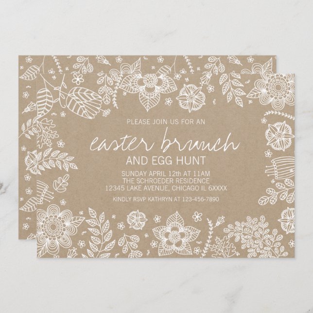 Rustic Kraft Blommigt Påsk Brunch & Egg Hunt Card Inbjudningar (Fram/baksida)