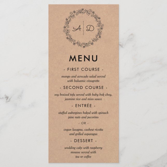 Rustic Kraft Blommigt Wandan Bröllop Menu Meny (Framsida)