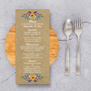 Rustic Kraft Blommigt Wandan Bröllop Menu Reklamkort