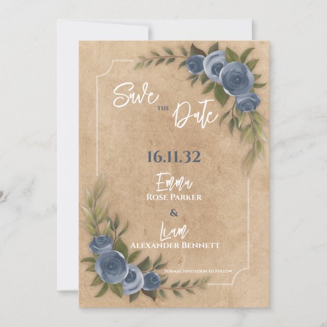 Rustic Kraft Blue Blommigt Bröllop spara datum (Framsida)