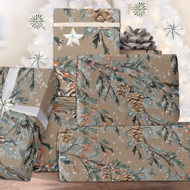 Rustic Kraft Blue Juniper Grenar Cones & Berries Presentpapper (Blue Juniper Branches Cones & Red Berries Holiday Christmas Kraft Wrapping Paper Rolls)