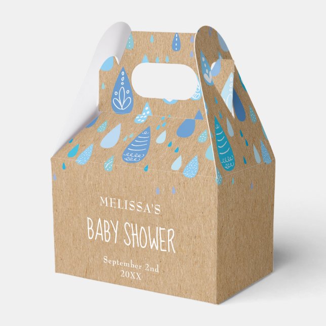 Rustic Kraft Blue Raindrops Baby Shower Presentaskar (Framsidan Sidan)